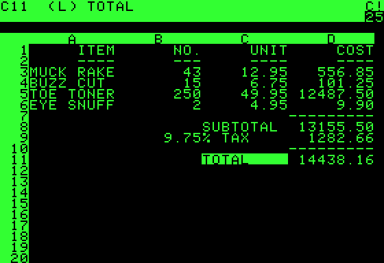 Pantallazo de VisiCalc corriendo en un ordenador Apple II